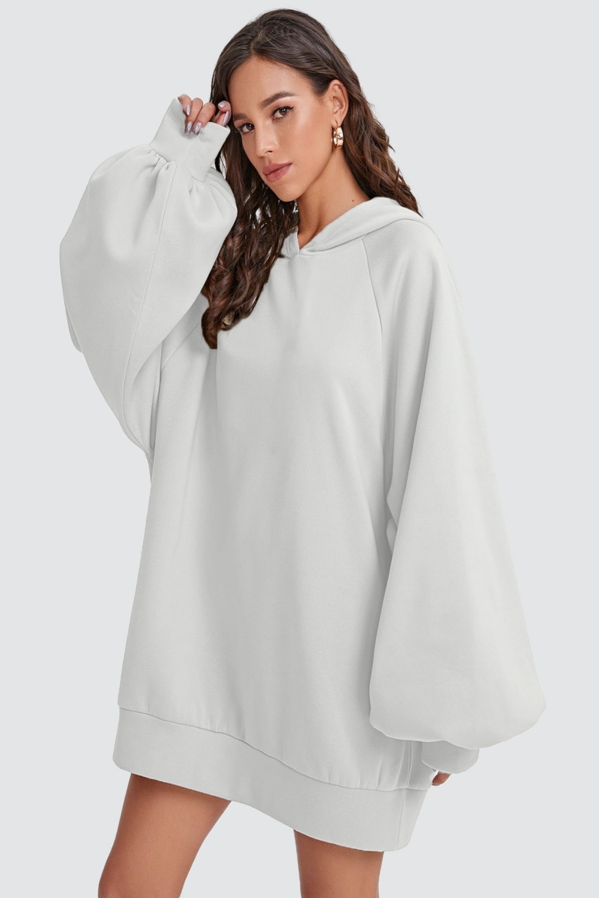 Soufeel Kadın Beyaz Kapüşonlu Oversize Sweatshirt Hoodie Balon Elbise