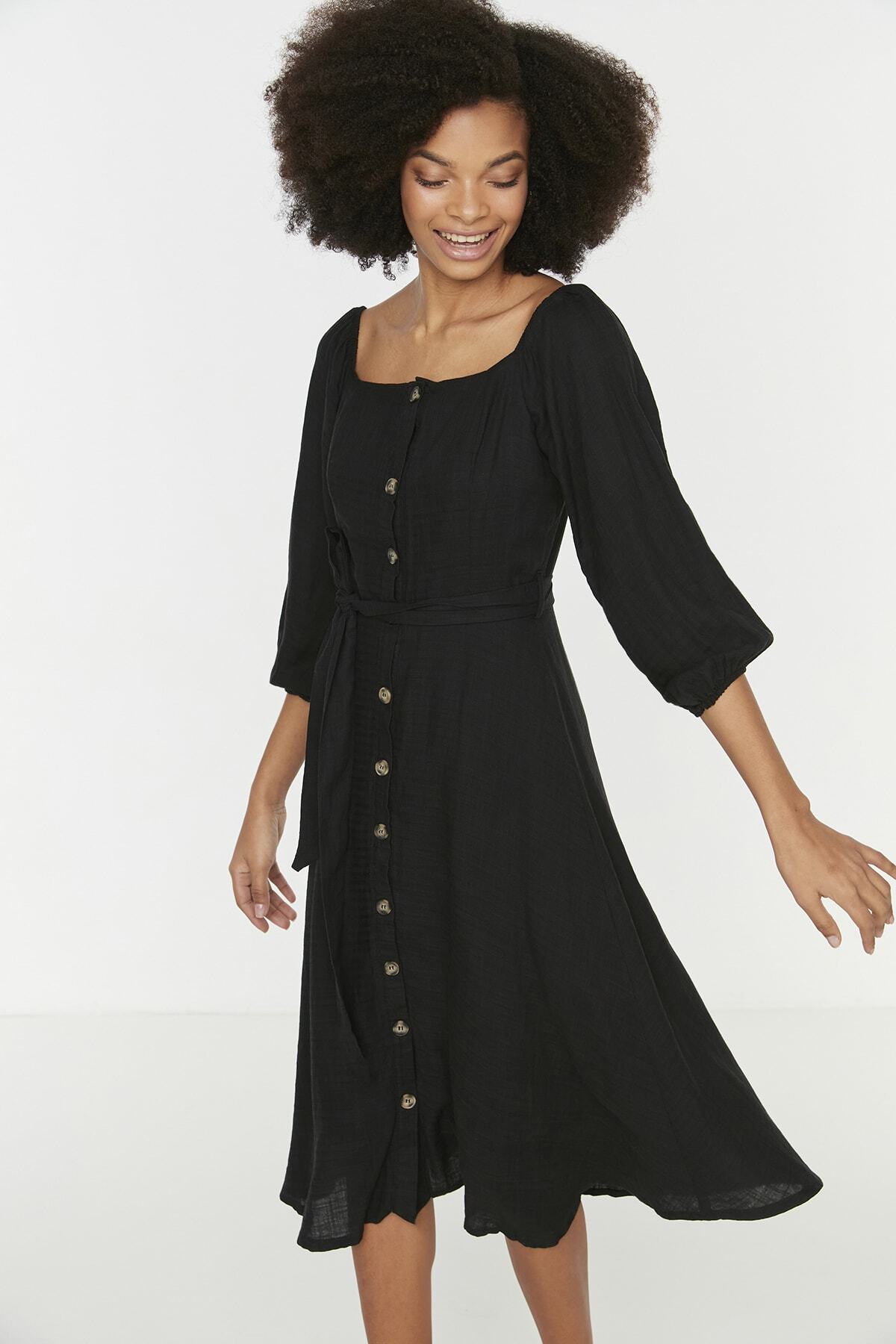 Trendyol Collection-Μαύρο υφαντό φόρεμα με κουμπιά TWOSS19IE0009 6