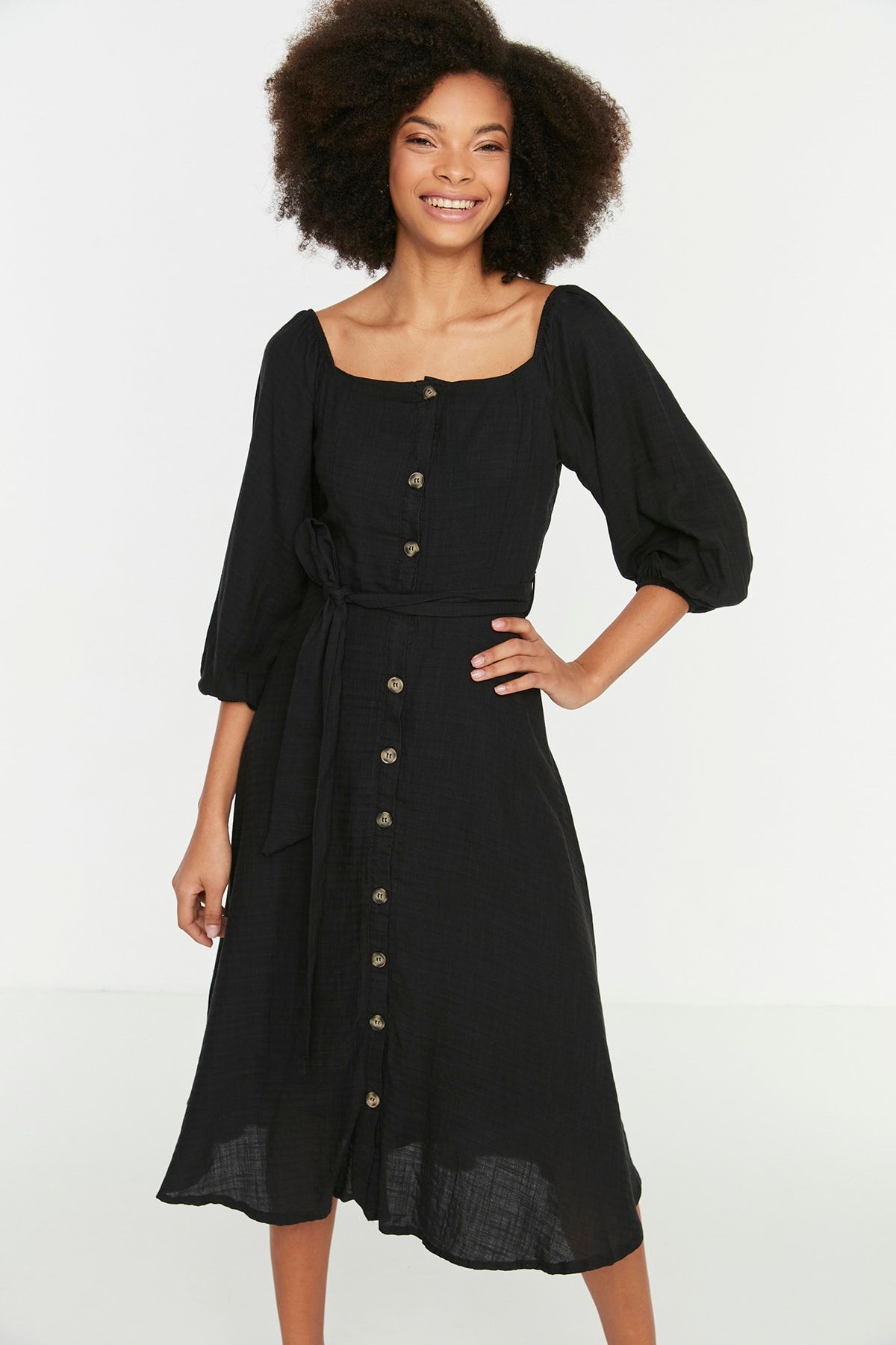 Trendyol Collection-Μαύρο υφαντό φόρεμα με κουμπιά TWOSS19IE0009 7