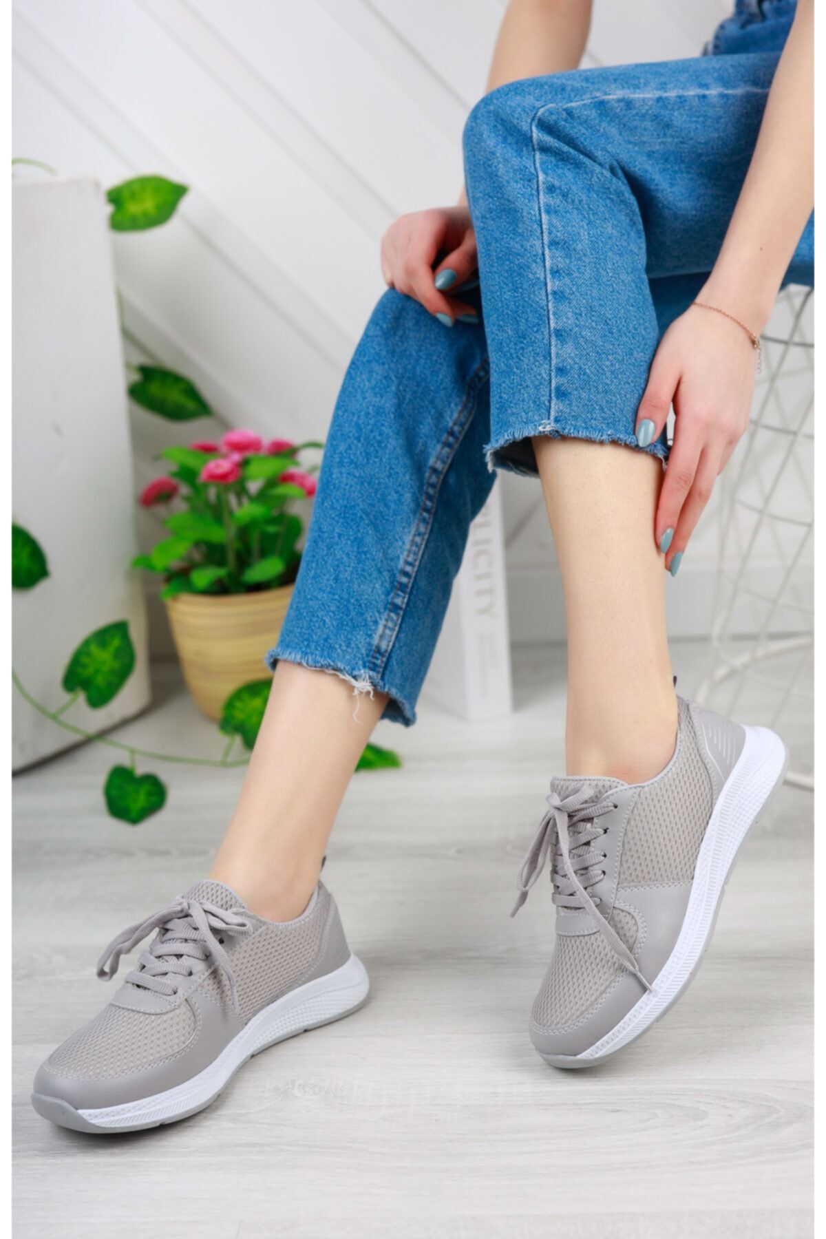 pasyone Gri - Kadın Fileli Sneaker Günlük Ayakkabı