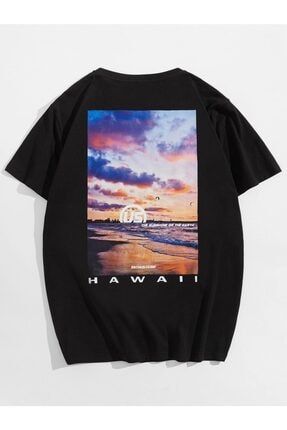 Erkek Siyah Oversize Hawaii Baskılı T-shirt VBS-HAWAII