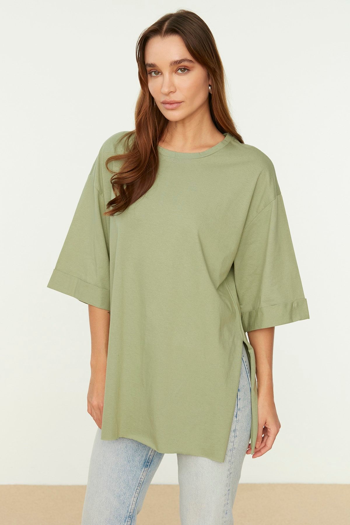 Trendyol Collection-Mintfarbenes, weit geschnittenes, asymmetrisches Boyfriend-Strick-T-Shirt mit zwei Ärmeln TWOSS20TS0828 4