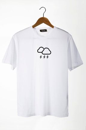 Erkek Beyaz Bulut Baskılı Bisiklet Yaka Oversize Rahat Kalıp Basic T-shirt BRS22Y-3400761-6