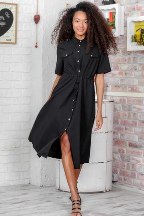 Kadın Siyah Gömlek Yaka Detaylı Safari Beli Büzgülü Kloş Safari Keten Elbise M10160000EL93872
