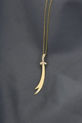 925 Ayar Gümüş Gold Kaplama Dikey Taşlı Zülfikar Kılıç Kolye UVPTS10069