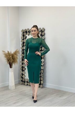 Krep Kumaş Tül Detaylı Kalem Elbise - Zümrüt Yeşili GYM-0895