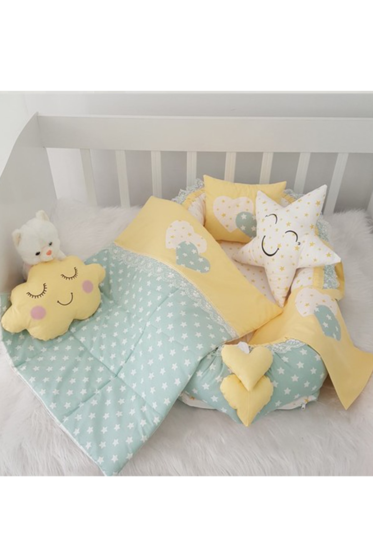 Jaju Baby Nest Yeşil Yıldız Sarı Kombin 6 Parça Lüx Jaju-babynest Anne Yanı Bebek Yatağı Set