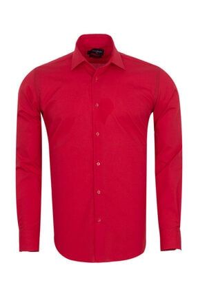 Erkek Kırmızı Slim Ve Regular Fit Premium Pamuklu Dokuma Uzun Kollu Gömlek SL7121