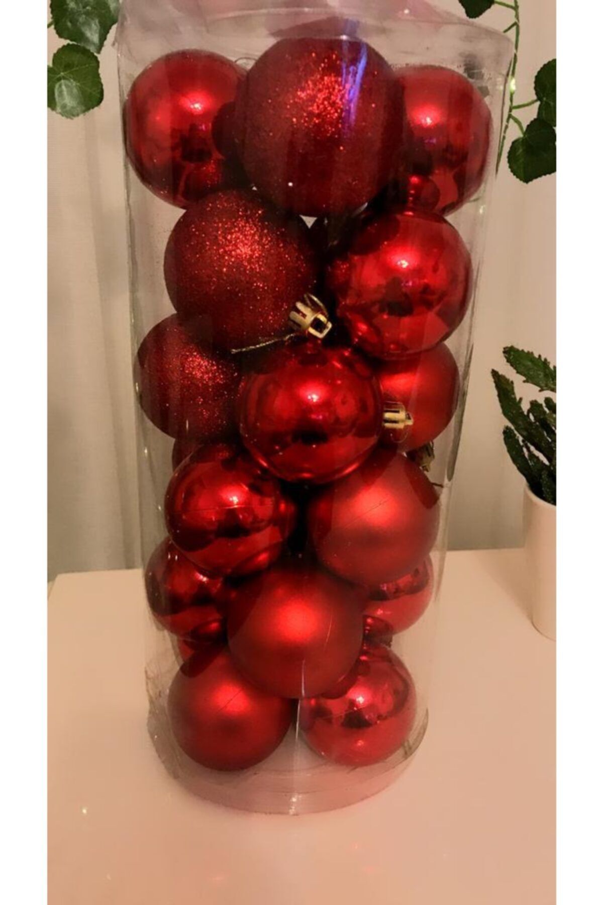 Happy Peyzaj-Red Large Patterned Pine Tree Ornament - 6 cm Set of 24 2