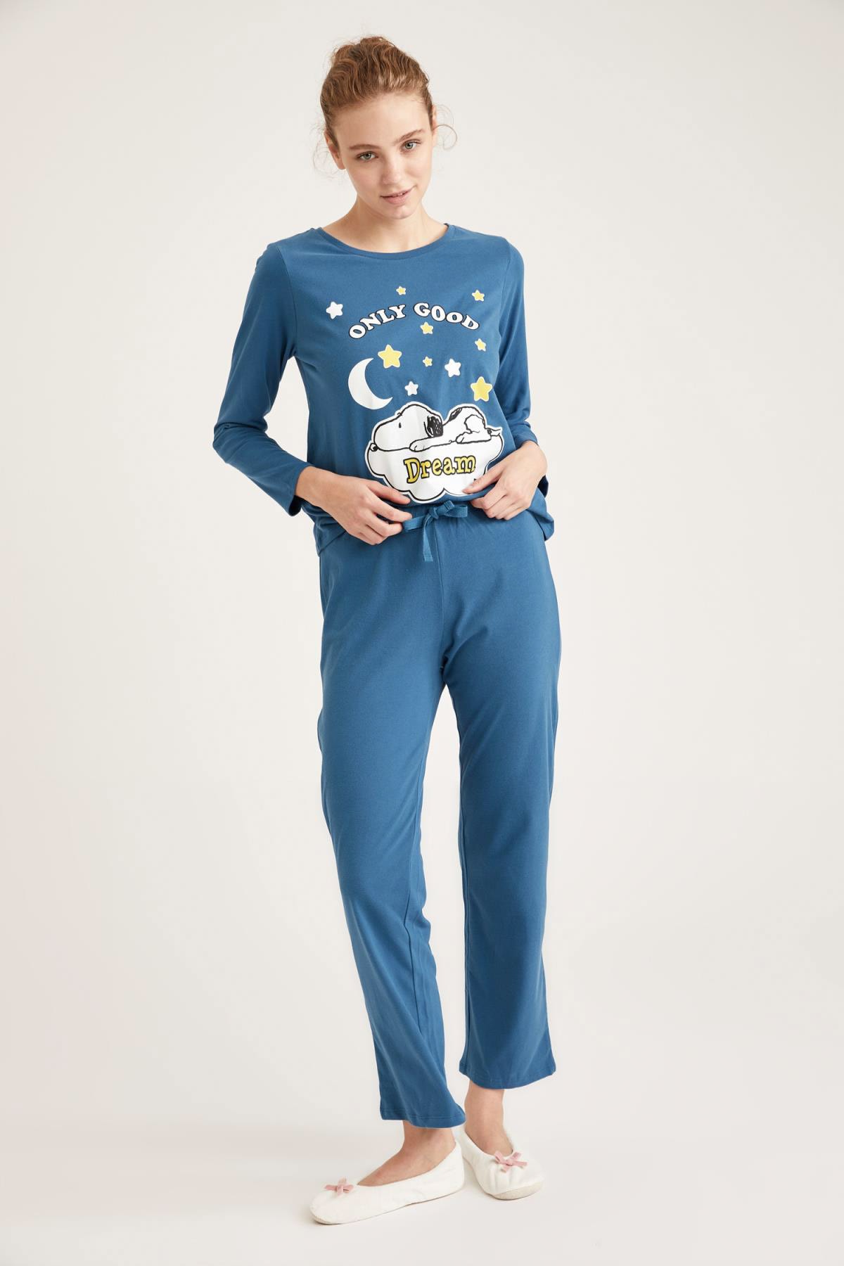 Kadın Mavi Snoopy Lisanslı Uzun Kollu Pijama Takımı T0995AZ20WN