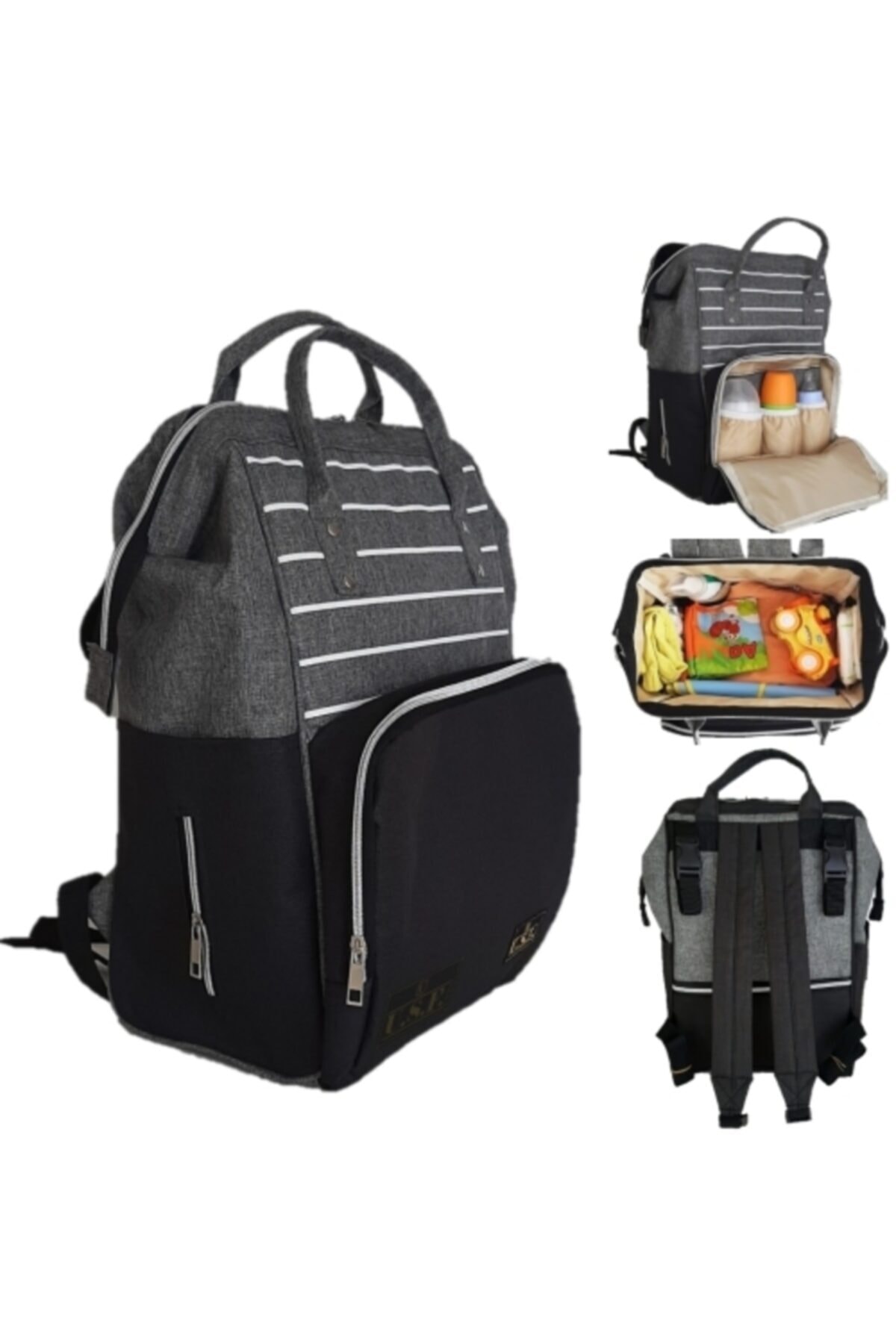USF Çizgili Gri Siyah Anne Bebek Bakım Çantası + Portbebe Ana Kucağı Puset Bebek Taşıma fotoğrafı 2 (önizleme)
