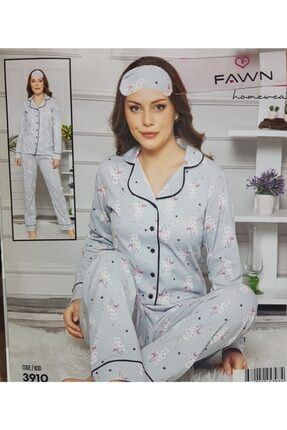 Kadın Mavi Önden Düğmeli Pijama Takımı BYT56