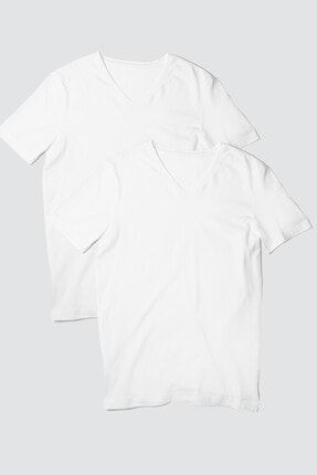 Kadın Beyaz Düz V Yaka 2'li Eko Paket T-shirt 1M1VW800AB