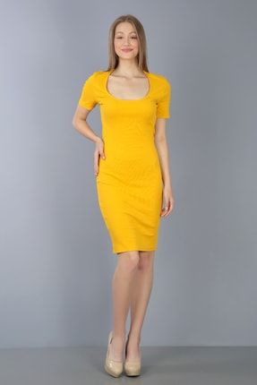 Sarı U Yaka Kaşkorse Cut Out Elbise 5020U01