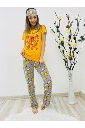 Puzzle Garfield Baskılı Pamuklu Bayan Pijama Takımı Garfield Sarı