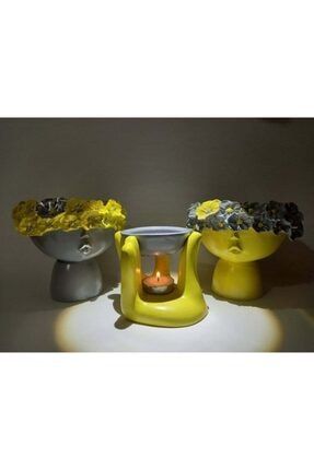 Sarı Gri Çiçekli Kız Saksı Buhurdanlık Set PS-SKL 160
