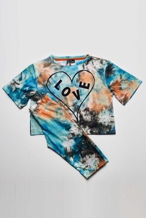 Kız Çocuk Mavi Love Batik Boyalı Oversize T-shirt Tayt Takım CL0214007