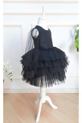 Saten Siyah Kabarık Tül Etekli Gösteri Kız Çocuk Elbise AstKstElbStnSyhGst02
