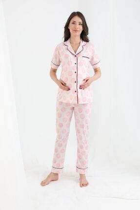 Pembe Beyaz Puanlı Düğmeli Kısa Kol Hamile Ve Lohusa Pijama Takımı 3958