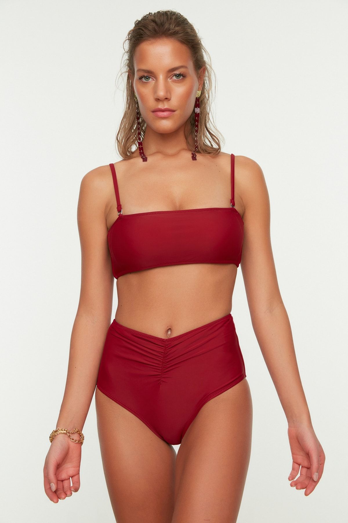 Trendyol Collection Burgundy Gather Detailed High Waist Bikini