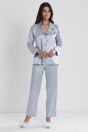 Kadın Saten Dantelli Pijama Takımı -1438 Mist crdn1438