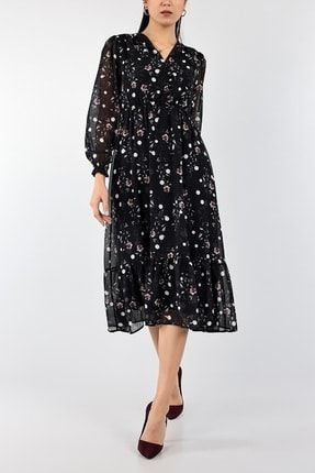 Siyah Düğmeli Astarlı Şifon Elbise 135978 W DNM-135978