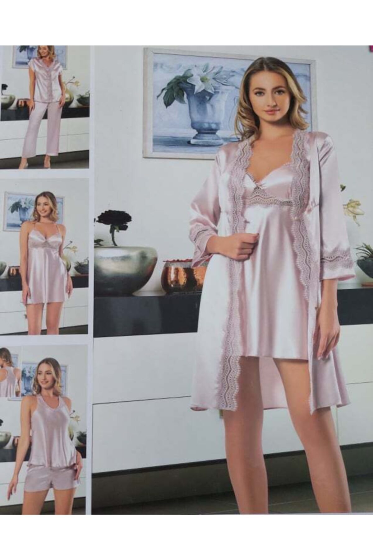 Carmella 1100 Bordo Saten 6 Lı Gecelik Sabahlık Takımı