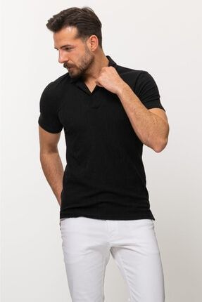 Desenli Siyah Renk Slim Fit Apaç Yaka Erkek T-shirt 36691.22Y