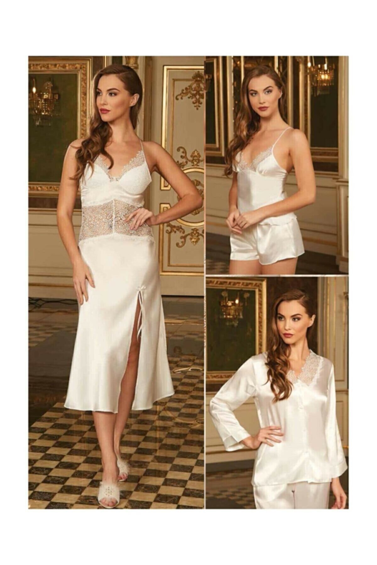 Genel Markalar Caramella 1040 Saten Ekru 6 Lı Sabahlık Gecelik Takım M Beden