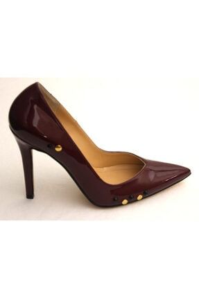 Bordo Hakiki Deri-rugan Bordo-siyah Taşlı Kadın Stiletto Topuk Ayakkabı TY-KRNVL000857