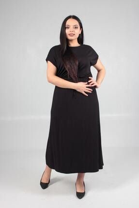 Büyük Beden Kadın Giyim Penye Bel Bağcıklı Elbise Siyah Elb075 ELB075
