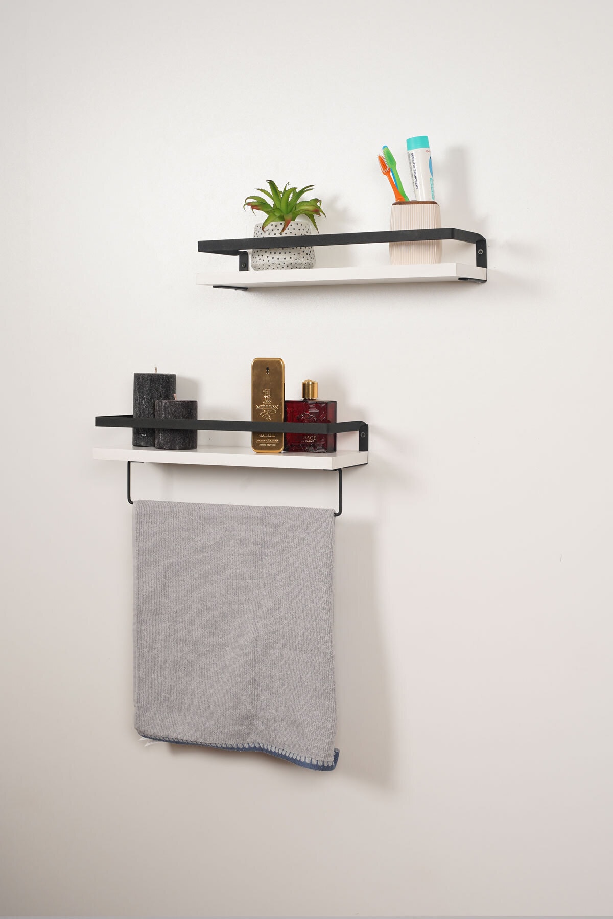 Mudesa Banyo Rafı Ahşap Metal Banyo Havluluk 2 Raflı Duvara Monte Sabunluk