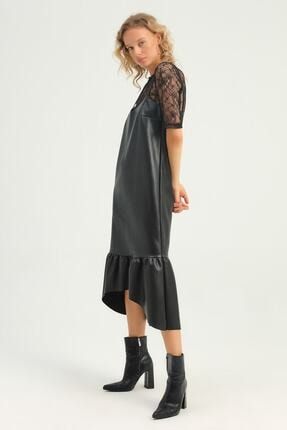 Kadın Siyah Dantel Bluzlu Askılı Deri Elbise 21K31348-0011