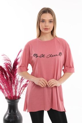 Kadın Yazılı Uzun Ve Yırtmaçlı Duble Kol Önü Baskılı T-shirt Ve Tunik THRE111