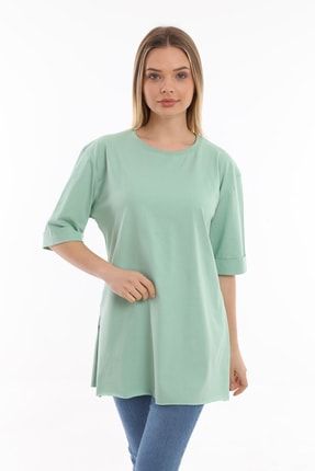 Kadın Düz Uzun Ve Yırtmaçlı Duble Kol Önü Baskısız T-shirt Ve Tunik THR7854