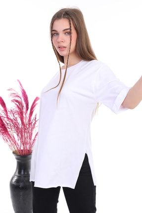 Kadın Düz Uzun Ve Yırtmaçlı Duble Kol Önü Baskısız T-shirt Ve Tunik THR7854
