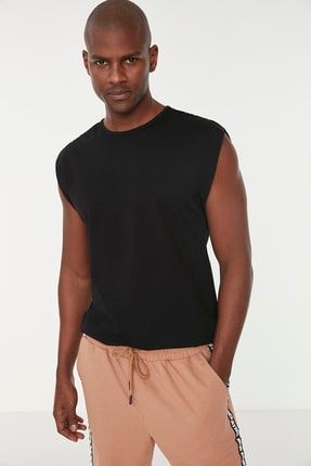 Siyah Erkek Basic Regular Fit %100 Pamuklu Bisiklet Yaka Kolsuz T-shirt-Atlet TMNSS20AL0067