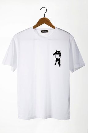 Erkek Beyaz Kedi Baskılı Bisiklet Yaka Oversize Rahat Kalıp Basic T-shirt BRS22Y-3400761-10