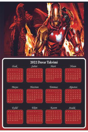 Erkek Çocuk Odası Iron Man Temalı Siyah Kırmızı 2022 Duvar Takvimi 35*50 has1004