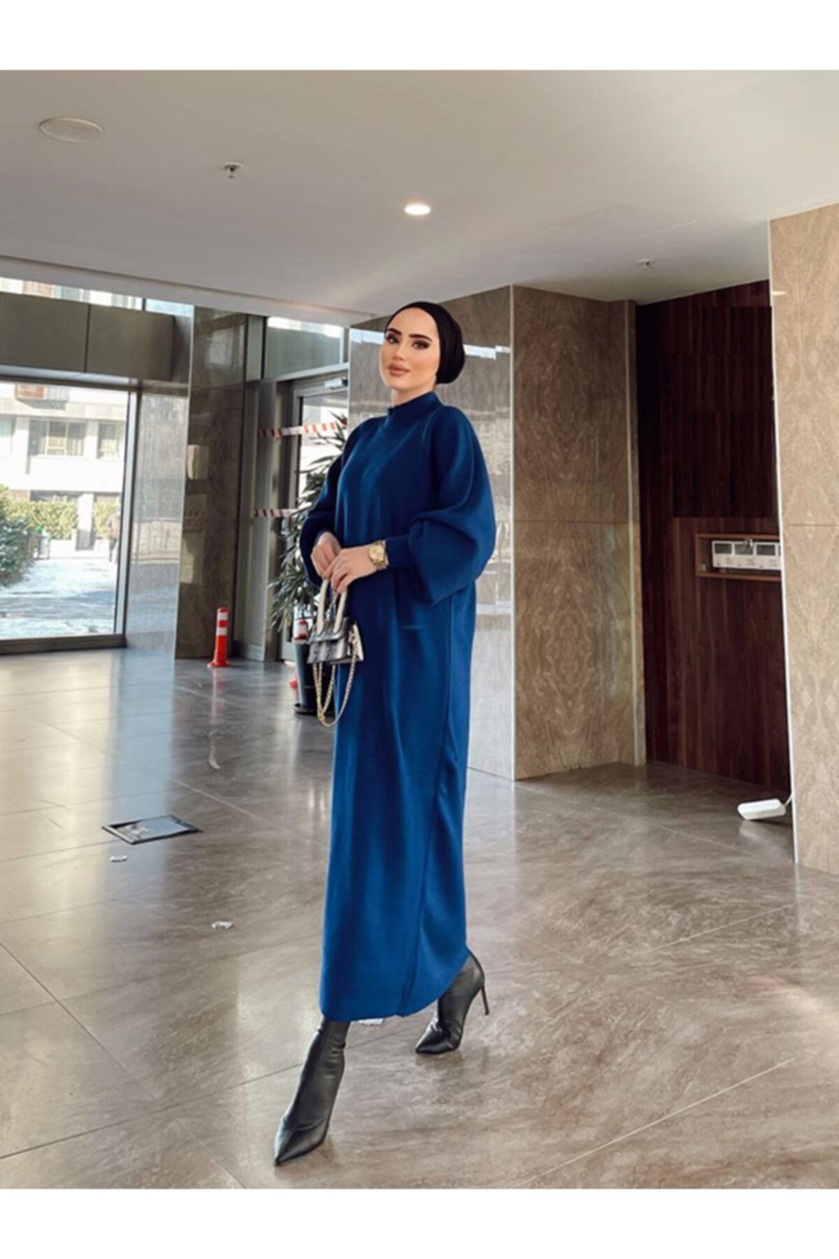 پیراهن پوشیده آبی زنانه لباس آستین بالون اورجینال Rimel Moda