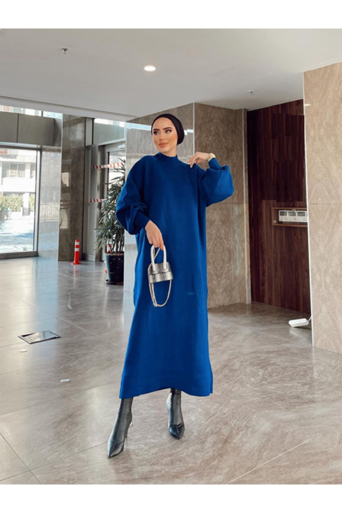 پیراهن پوشیده آبی زنانه لباس آستین بالون اورجینال Rimel Moda