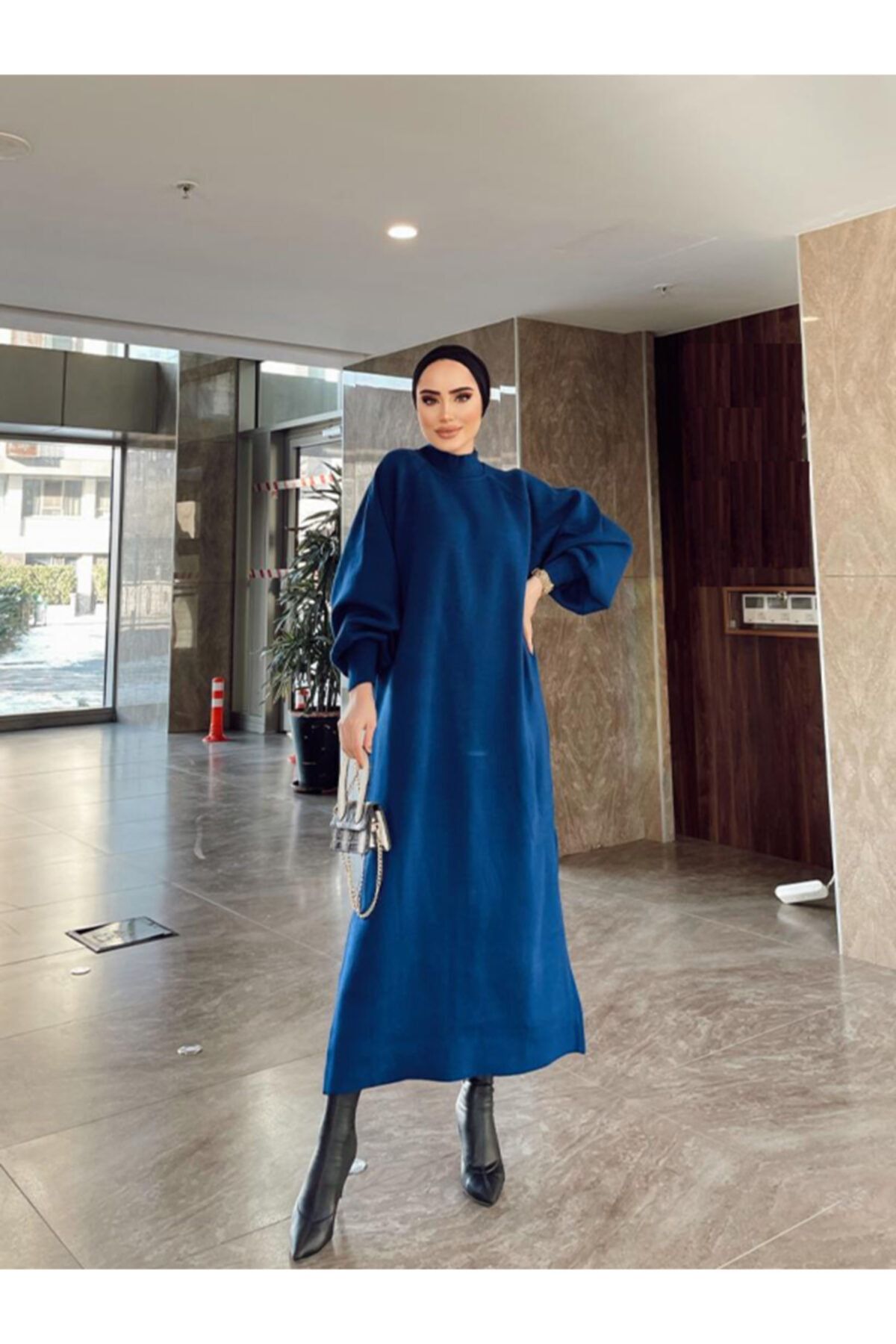 پیراهن پوشیده آبی زنانه لباس آستین بالون اورجینال Rimel Moda
