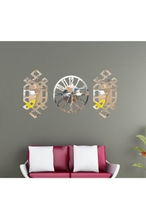 Özel Tasarım Üçlü Set Duvar Saati Ayna Pleksi Gümüş Köşeli lar HYL SAAT SET TABLOLU