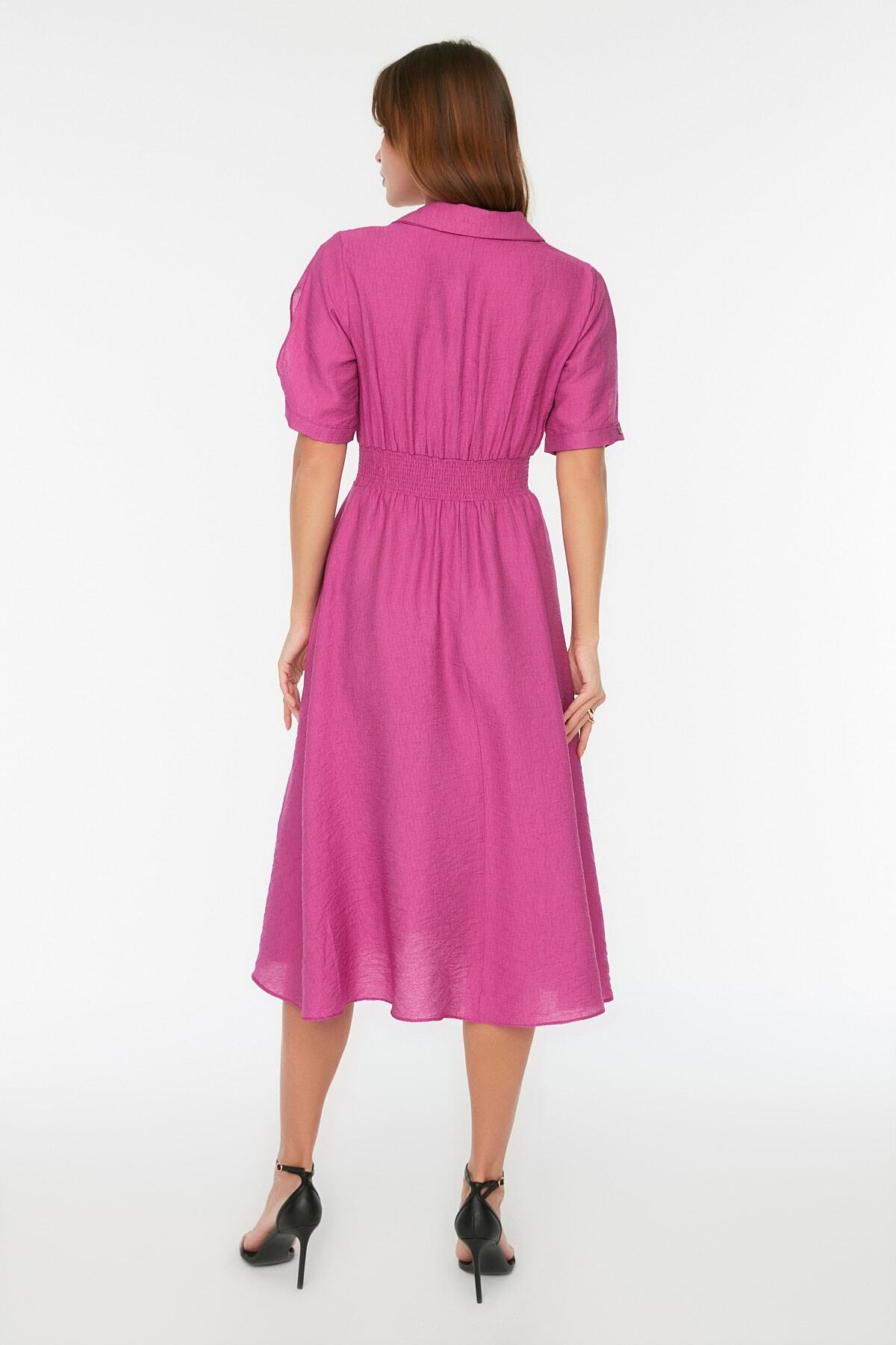Trendyol Collection-Košilový límec švestkové A-line Guiped Midi Woven Šaty TWOSS21EL1023 5