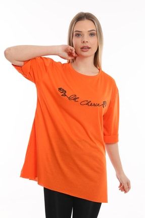 Kadın Yazılı Uzun Ve Yırtmaçlı Duble Kol Önü Baskılı T-shirt Ve Tunik THRE111