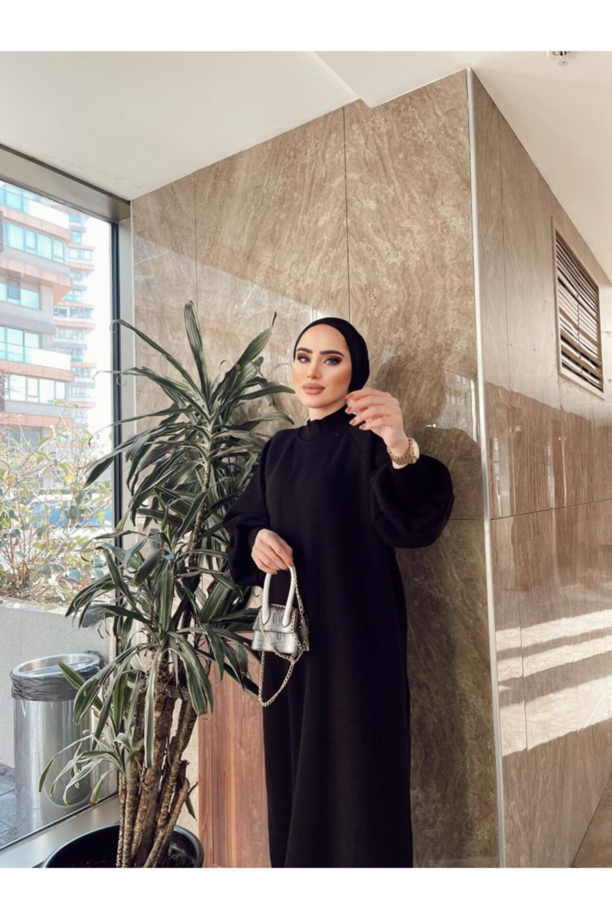 پیراهن پوشیده مشکی زنانه لباس آستین بالون سیاه اورجینال Rimel Moda