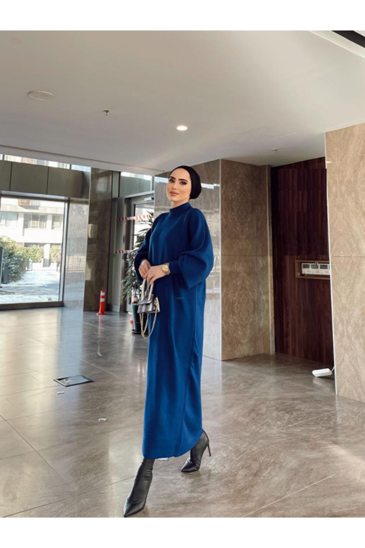 پیراهن پوشیده آبی زنانه لباس آستین بالون اورجینال Rimel Moda