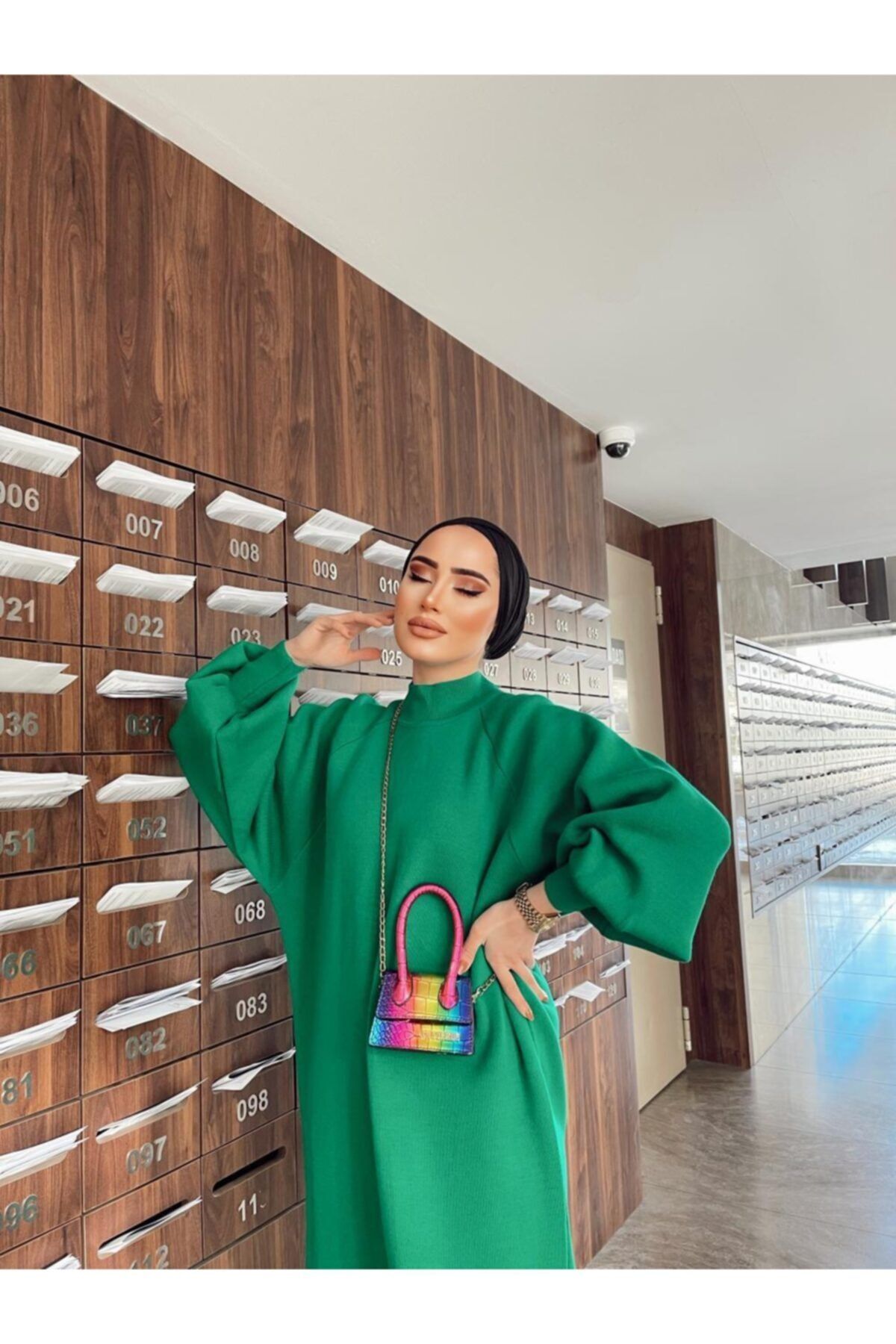 پیراهن پوشیده سبز زنانه لباس آستین بالون اورجینال Rimel Moda