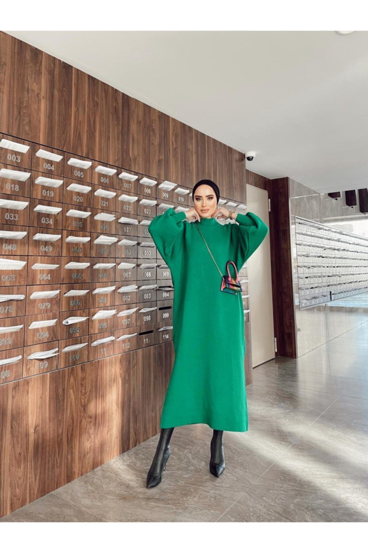 پیراهن پوشیده سبز زنانه لباس آستین بالون اورجینال Rimel Moda