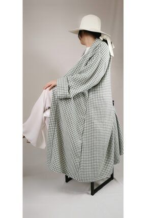 Kazayağı Desenli Yünlü Oduncu Kumaş Kadın Su Yeşili Kimono Kap / Ceket Syk109 SYK109